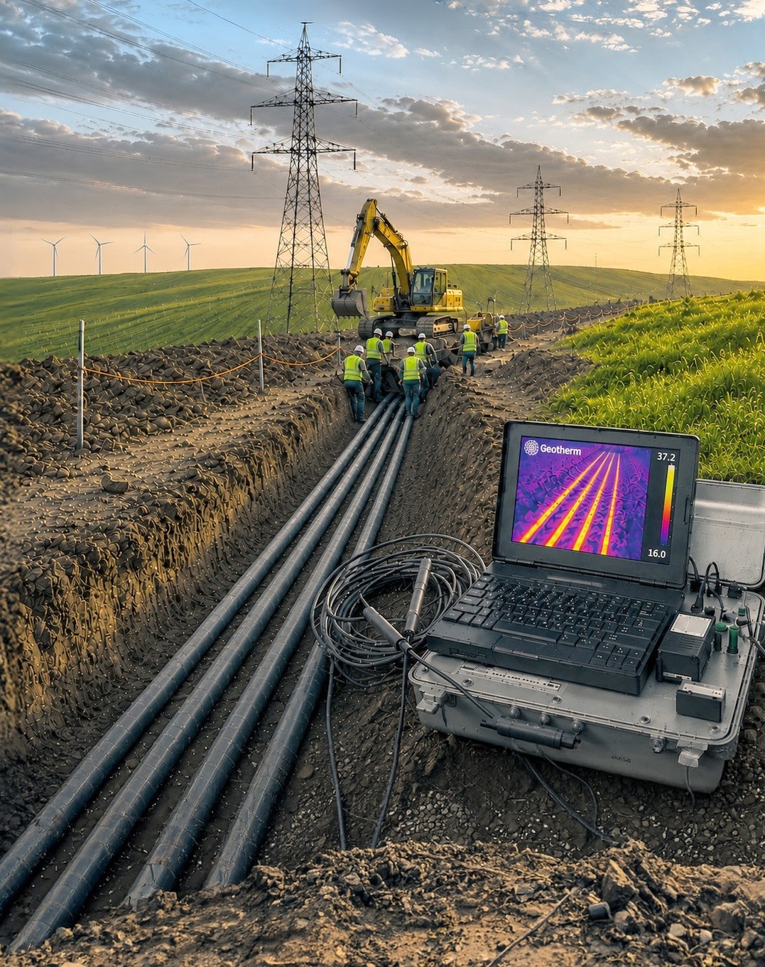 Geotherm field crew performing a thermal resistivity survey along an underground transmission cable trench at sunset, with thermal-imaging equipment in the foreground
