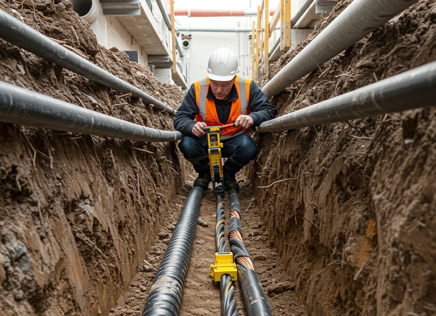 Geotherm field technician taking a thermal resistivity reading inside an underground cable trench