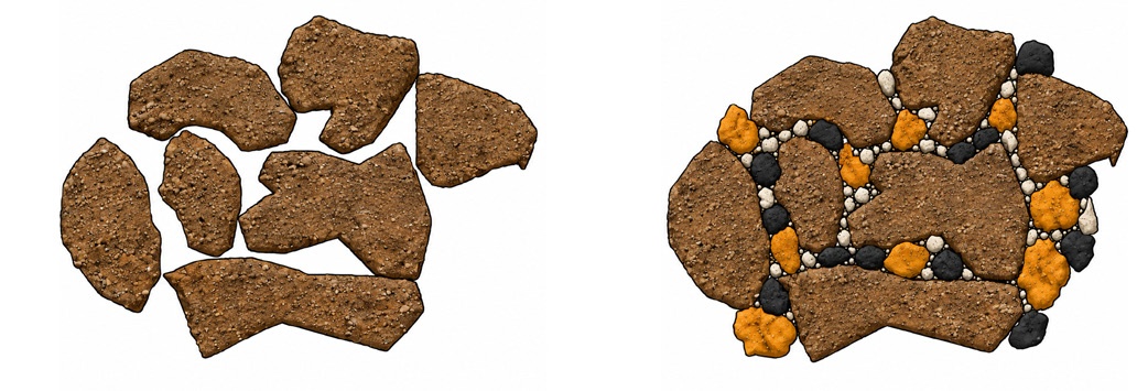 Diagram comparing uniform soil particles (high thermal resistivity) with varied particle sizes (low thermal resistivity)