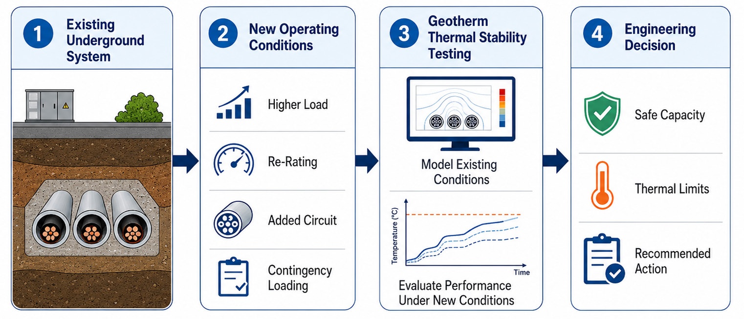 Four-step process diagram: existing underground system, new operating conditions, Geotherm thermal stability testing, and engineering decision